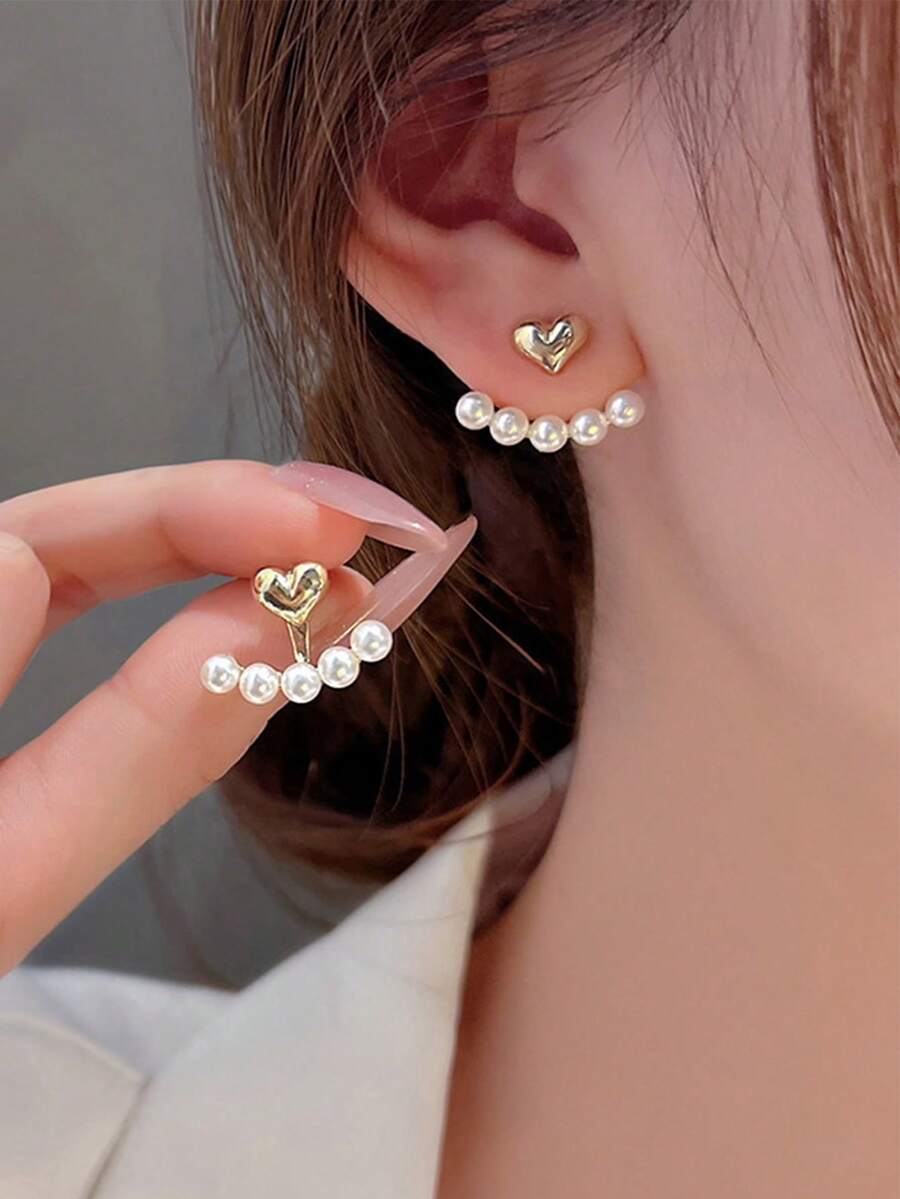 Pearl Stud Earrings - 1pair Minimalist Small Heart & Faux