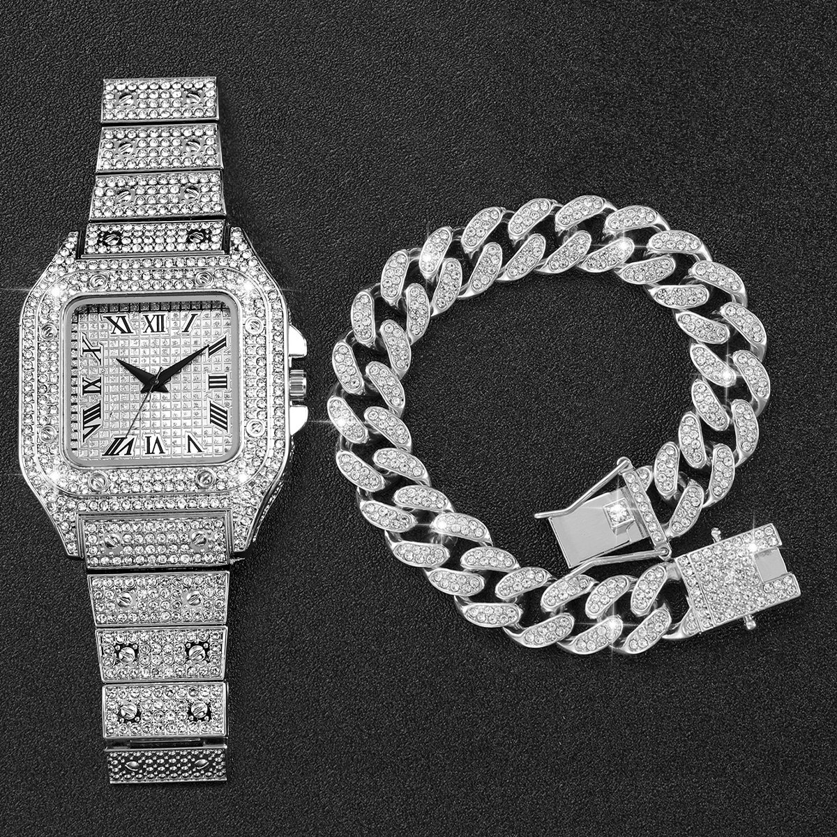 2PCS Iced Out Square Watch & C - Mystery Jewelry Jar Watches ulasan dan harga