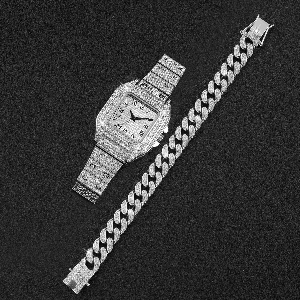2PCS Iced Out Square Watch & C - Mystery Jewelry Jar Watches ulasan dan harga