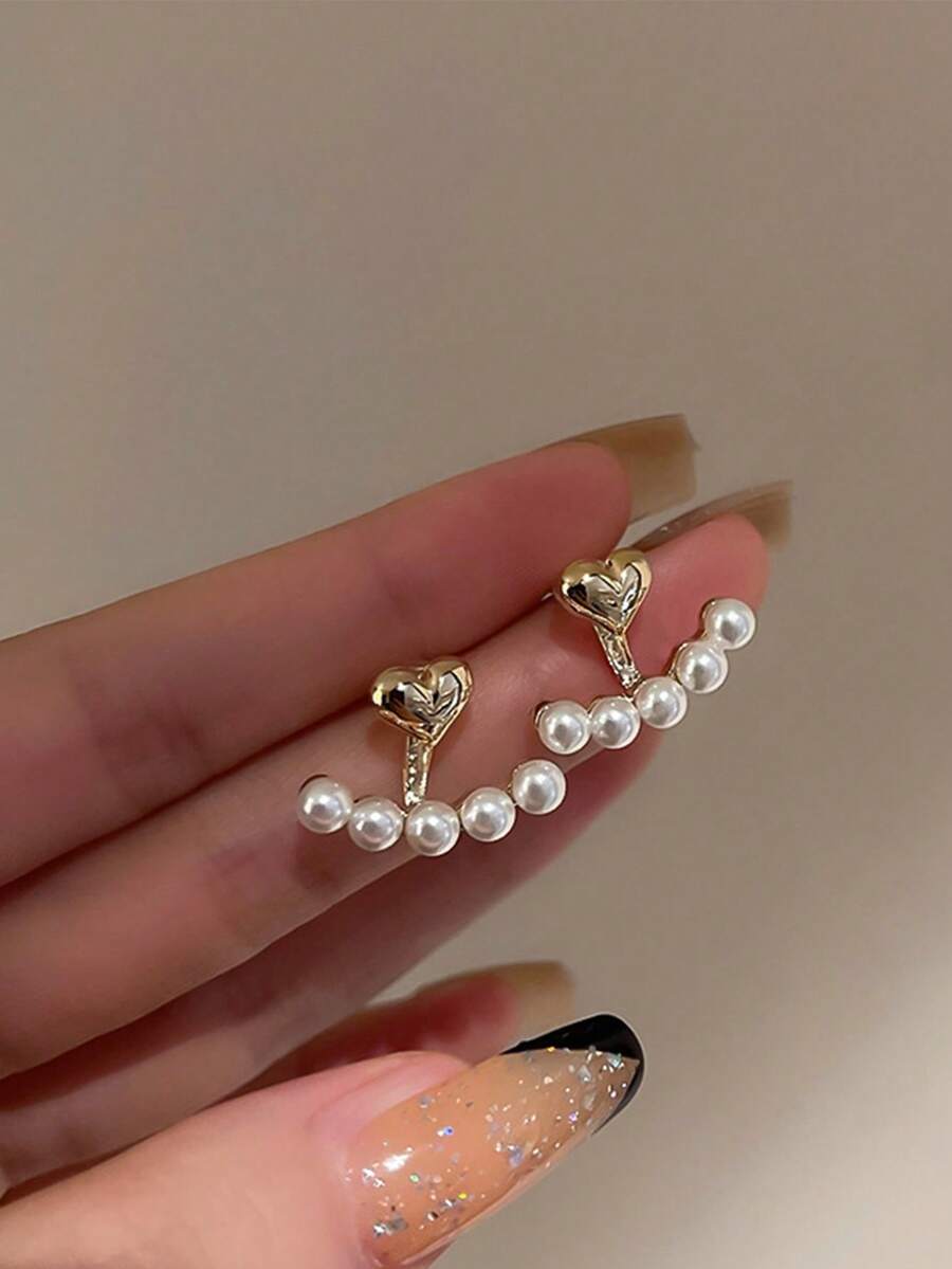 1pair Minimalist Small Heart & - Pearl Stud Earrings ulasan dan harga