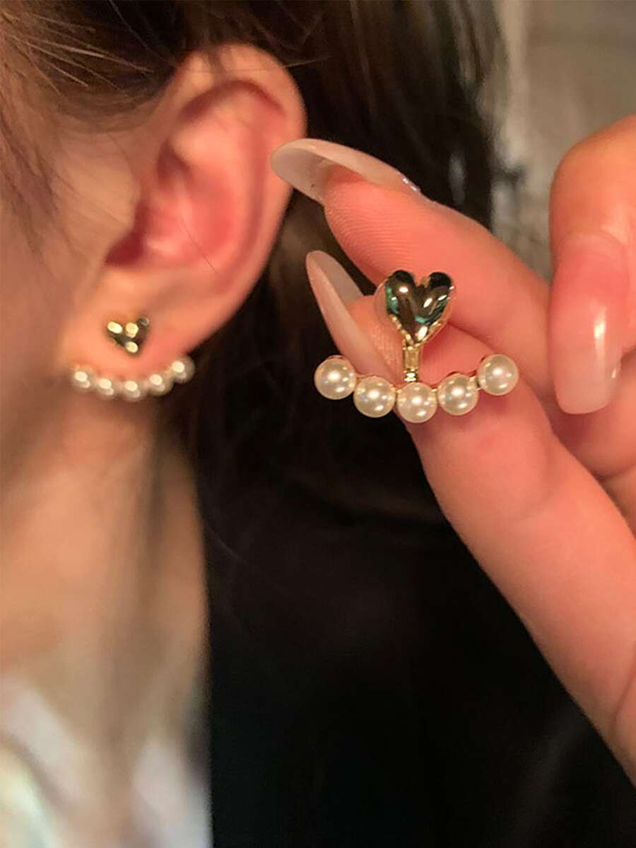 1pair Minimalist Small Heart & - Pearl Stud Earrings ulasan dan harga