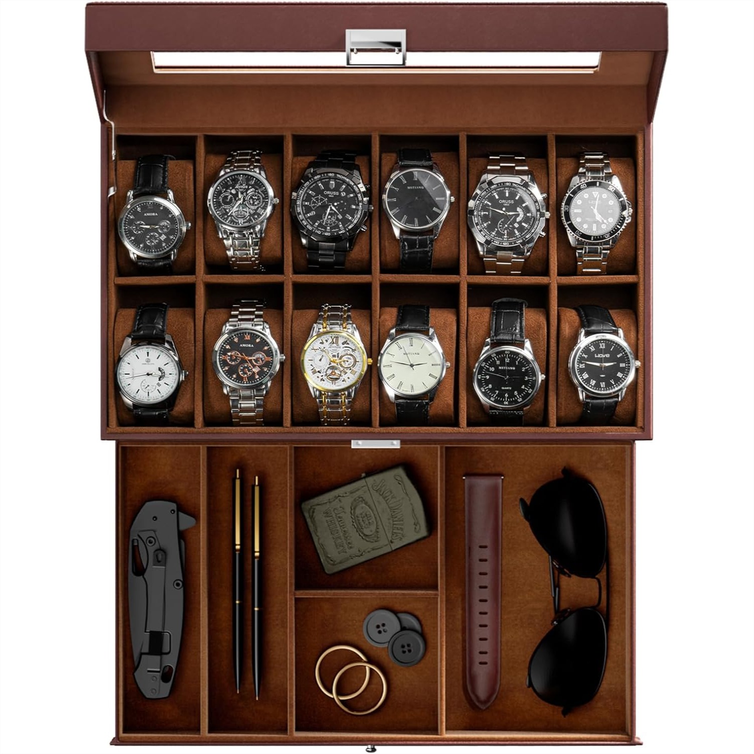 12 Slot Watch Box with Drawer, - Jewelry And Watches Box ulasan dan harga