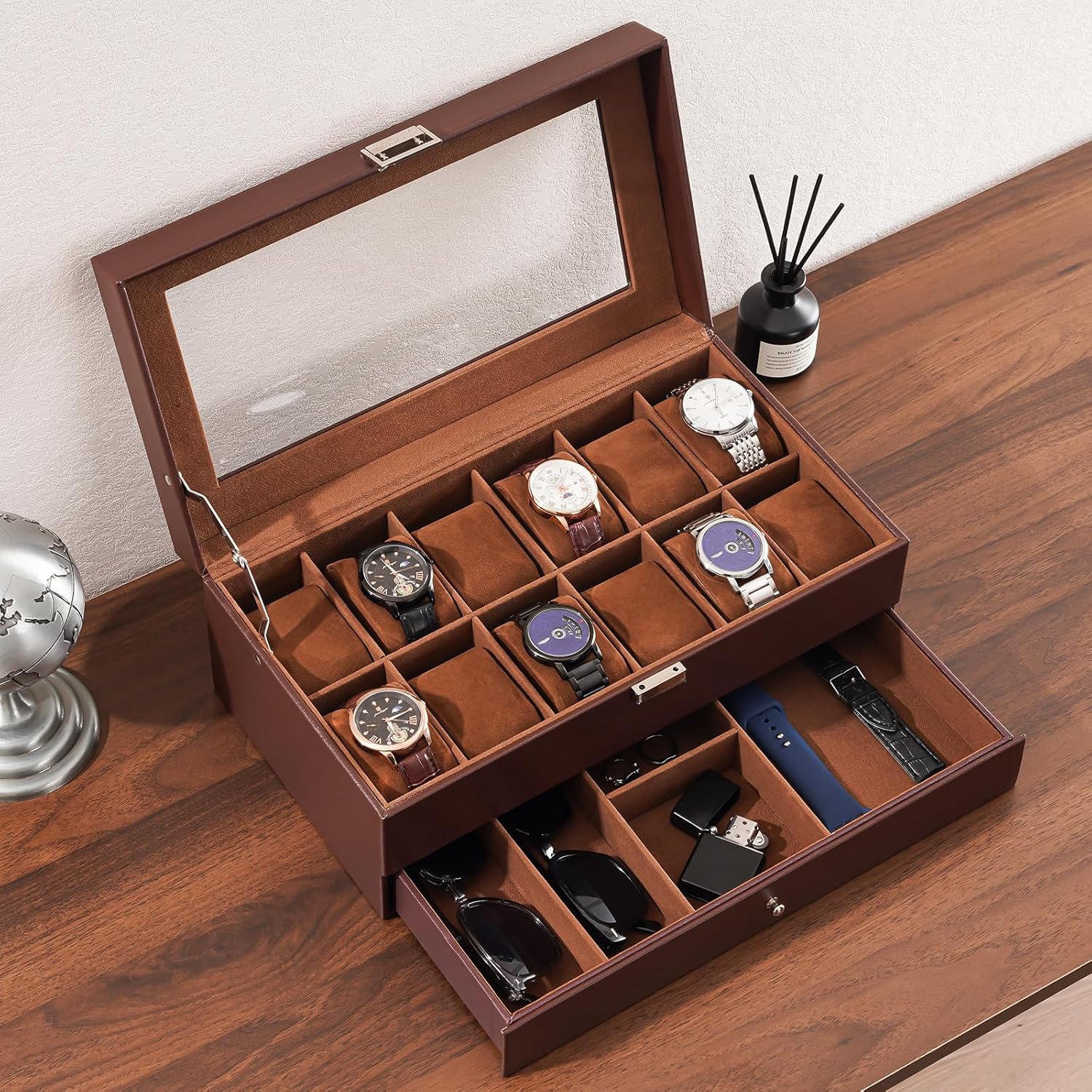 12 Slot Watch Box with Drawer, - Jewelry And Watches Box ulasan dan harga