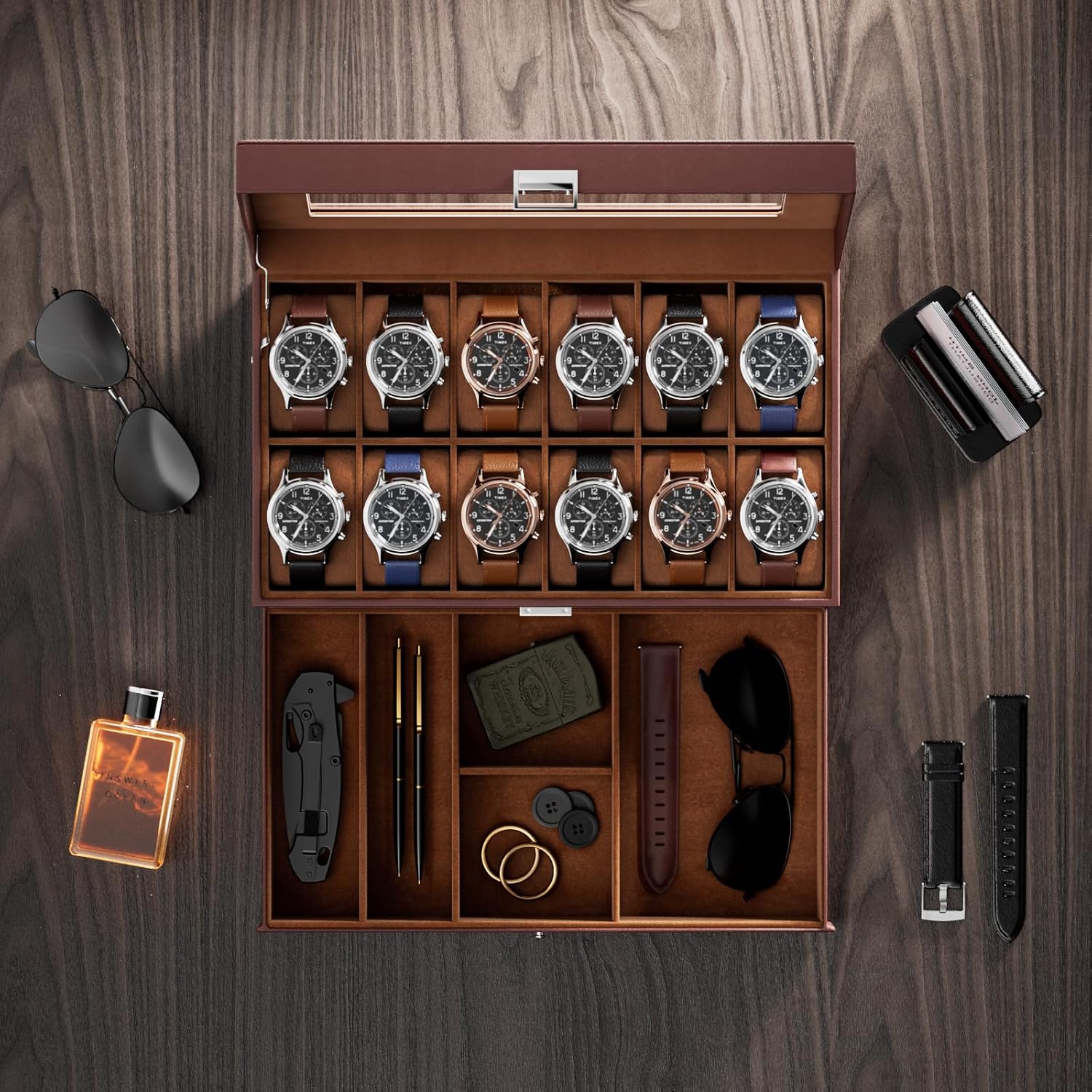12 Slot Watch Box with Drawer, - Jewelry And Watches Box ulasan dan harga