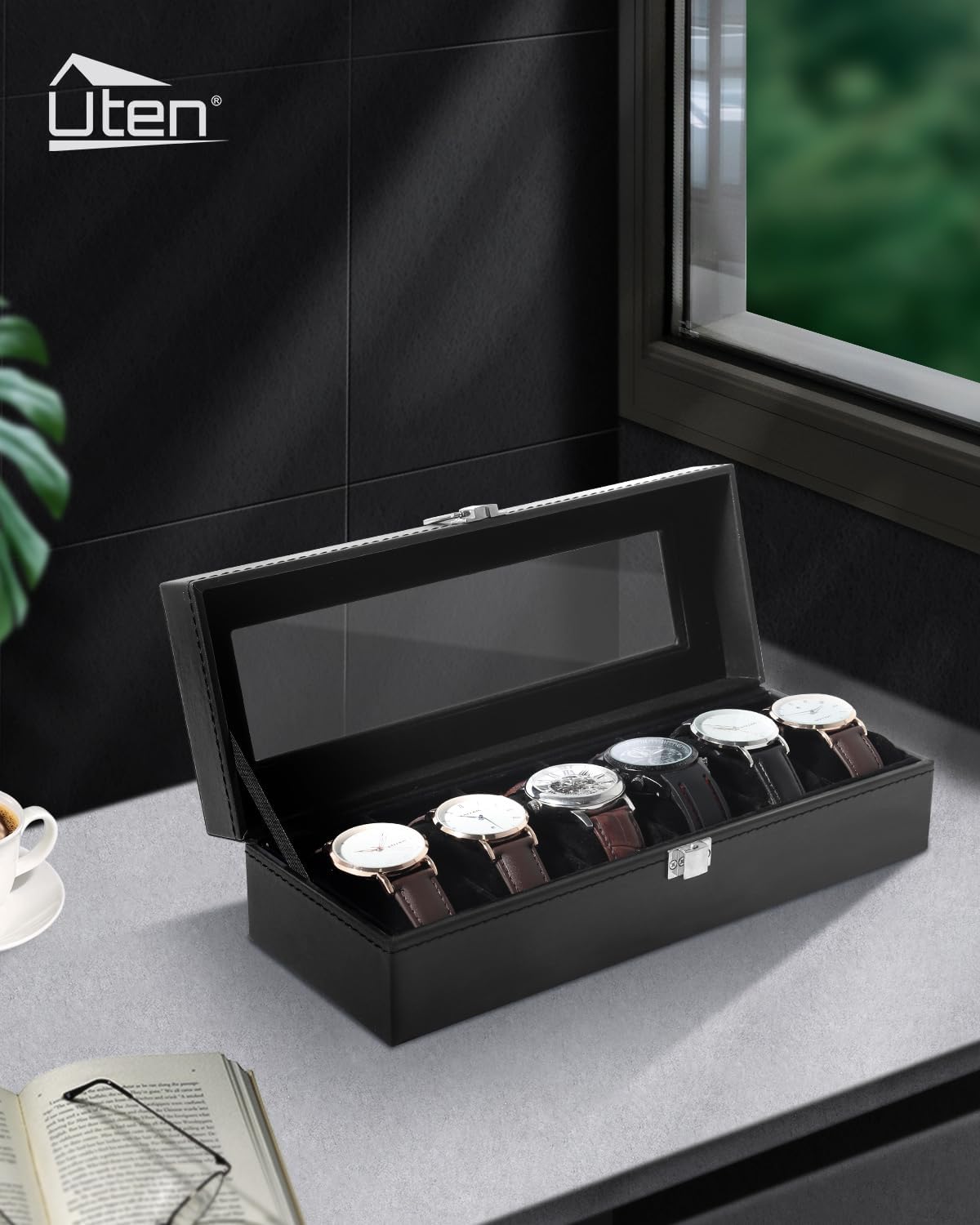 6 Slot Watch Box with Glass Li - Jewelry And Watches Box ulasan dan harga