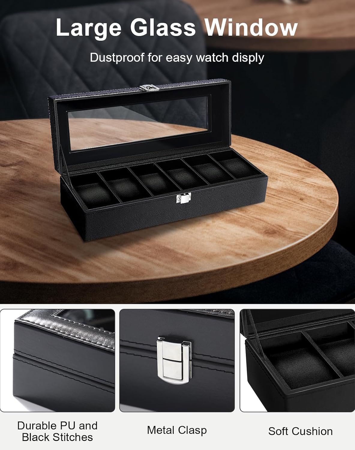 6 Slot Watch Box with Glass Li - Jewelry And Watches Box ulasan dan harga