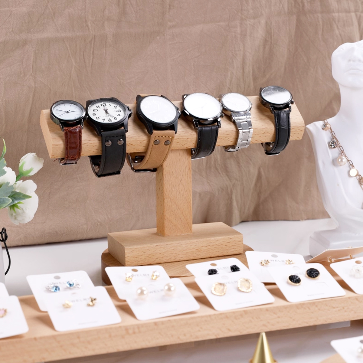 Wooden New T-Bar Vintage Walnu - Watches Jewelry Holder ulasan dan harga